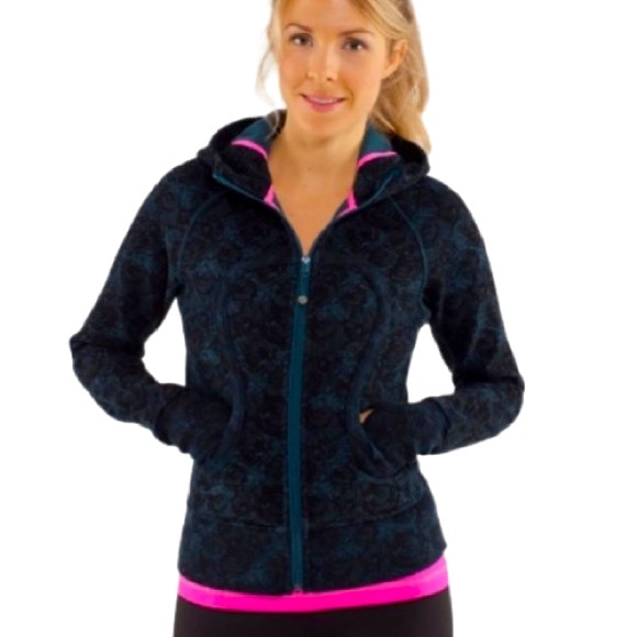lululemon athletica Jackets & Blazers - Lululemon Scuba Hoodie Rose Herringbone Blue Black Size 4 EUC